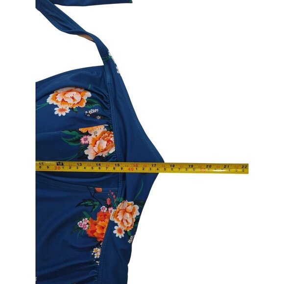 Womens Floral One-Piece Halter Swimsuit XXL Blue & Orange Retro Style. - Picture 6 of 7